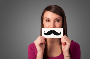 kağıt çizim bıyıklı tutan mutlu sevimli kız 