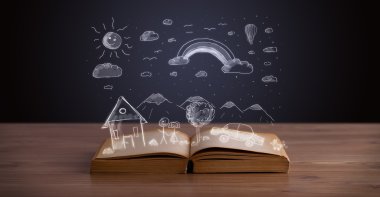 Elle çizilmiş peyzaj ile açık kitap 