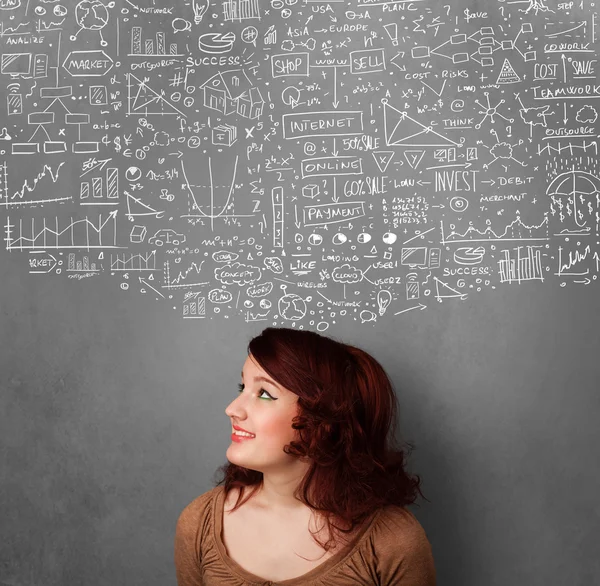 Young woman gesturing with sketched charts above her head — Stock Photo, Image