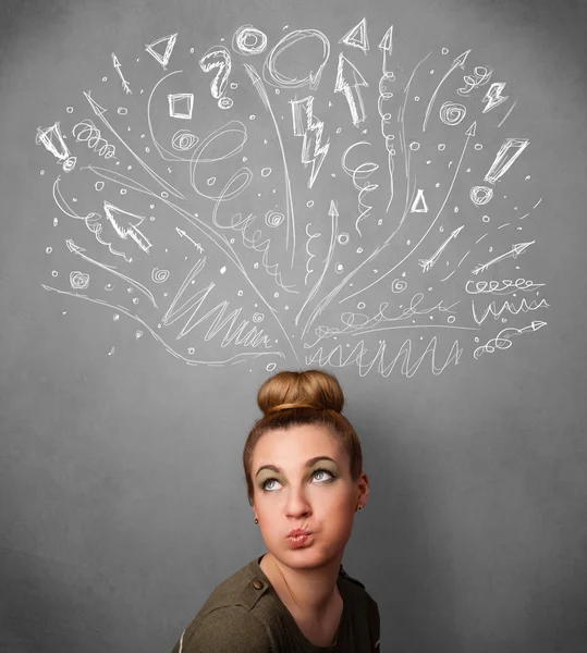 Young woman thinking with sketched arrows above her head — Stock Photo, Image