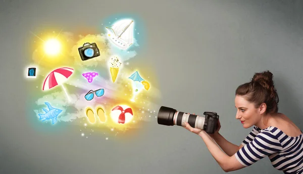 Teenage photographer making photos of holiday painted icons — Stock Photo, Image