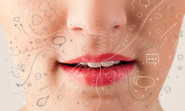 güzel kadın ağzı üfleme elle çizilmiş simgeler ve semboller