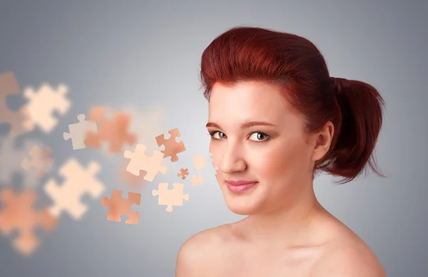 Pretty young girl with skin puzzle illustration — Stock Photo, Image