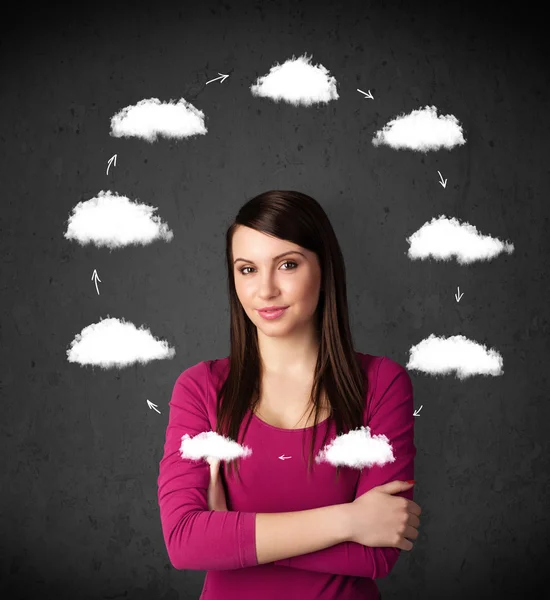 Young woman thinking with cloud circulation around her head — Stock Photo, Image