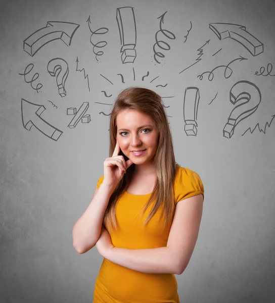 Linda chica joven con signo de interrogación garabatos — Foto de Stock