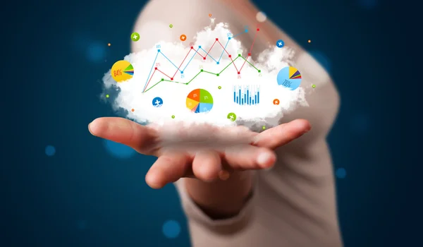 Young woman presenting cloud with charts and graph icons and sym — Stock Photo, Image