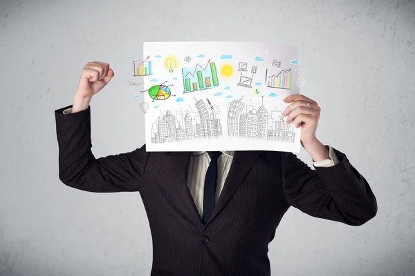 Businessman holding a paper with charts and cityscape in front o — Stock Photo, Image