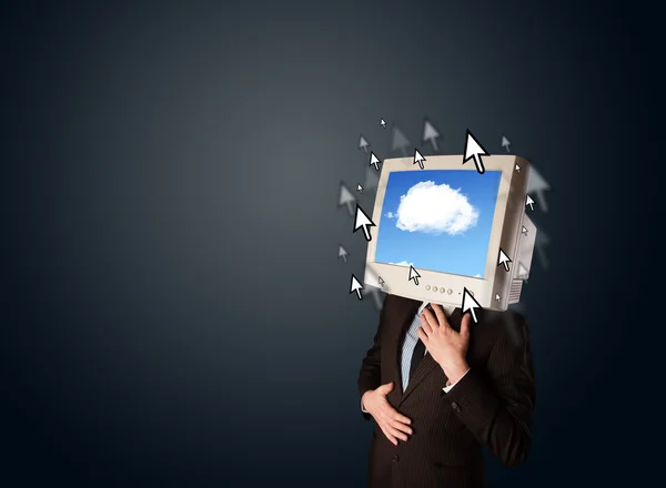 Hombre de negocios con un monitor en la cabeza, sistema de nube y puntas — Foto de Stock