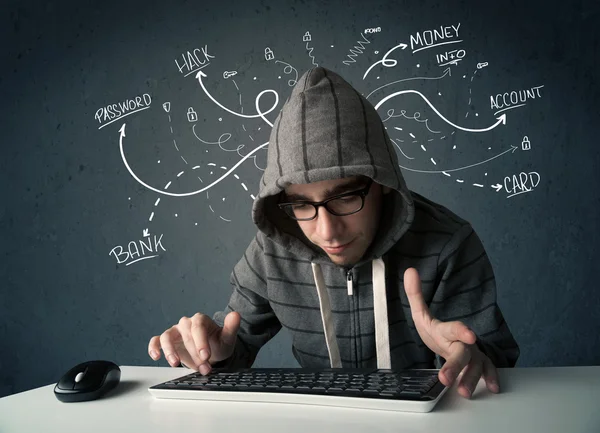 Giovane hacker con bianco disegnato pensieri linea — Foto Stock