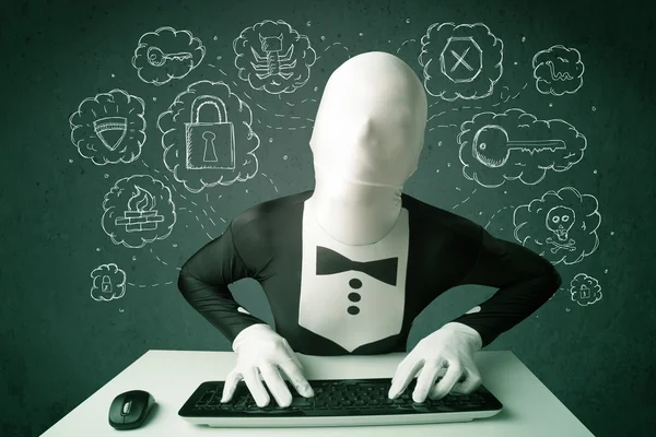 Hacker in maschera morphsuit con virus e pensieri di hacking — Foto Stock