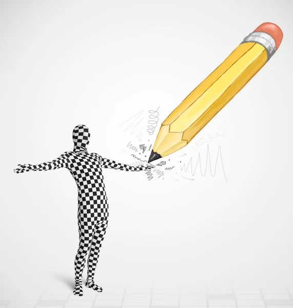 Guy in body mask with a big hand drawn pencil — Stock Photo, Image