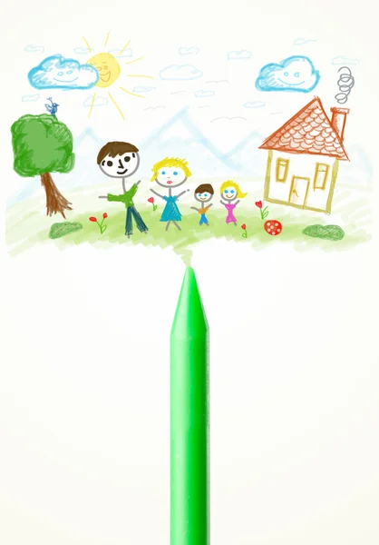 Crayon primer plano con un dibujo de una familia —  Fotos de Stock