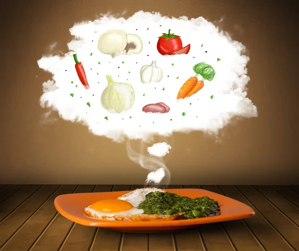 盘食物与蔬菜成分的插图中云 — 图库照片