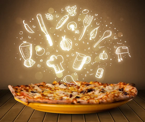 Pizza con iconos y símbolos de restaurante blanco — Foto de Stock