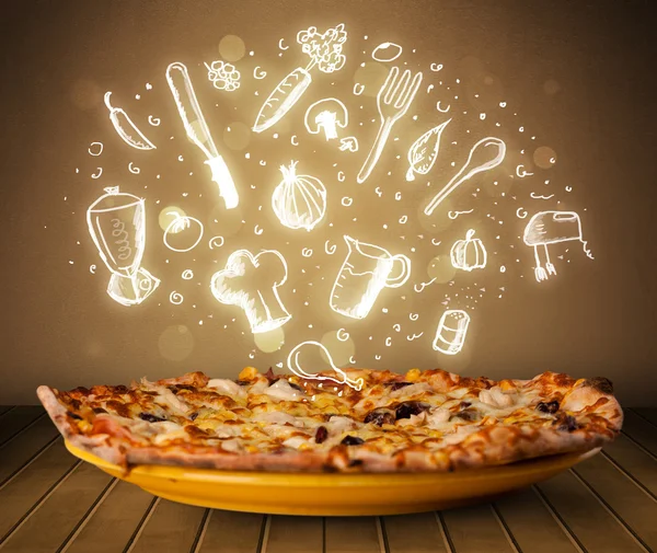 Pizza with white restaurant icons and symbols — Stock Photo, Image