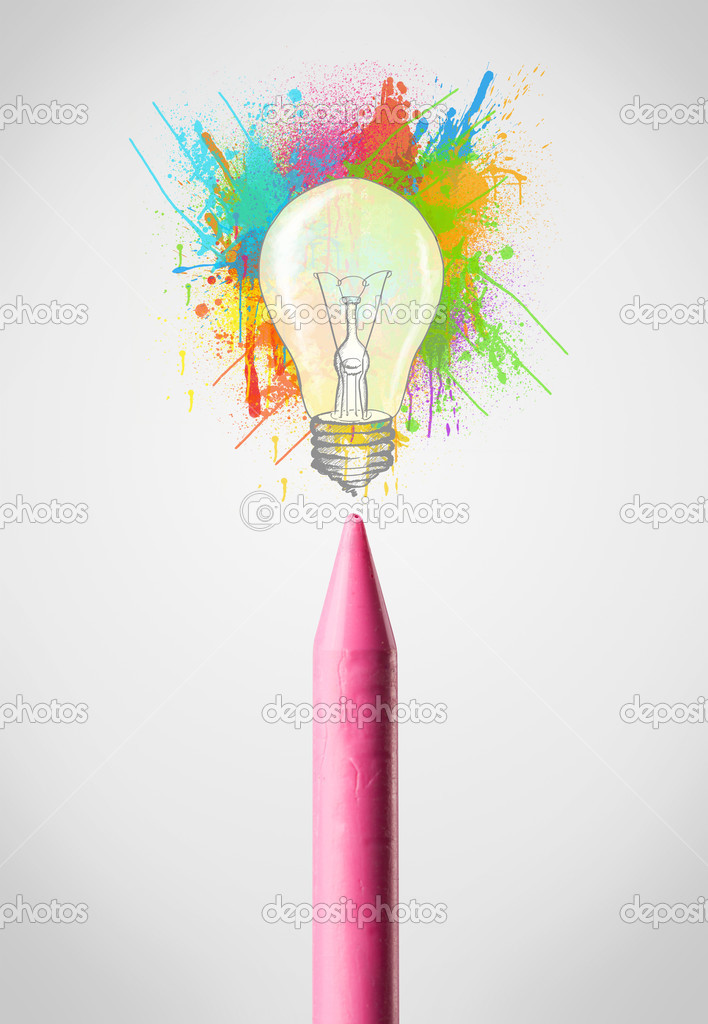 Crayon close-up with colored paint splashes and lightbulb