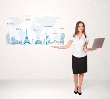 İş kadını ünlü şehirler ve simgelerle harita sunuyor.