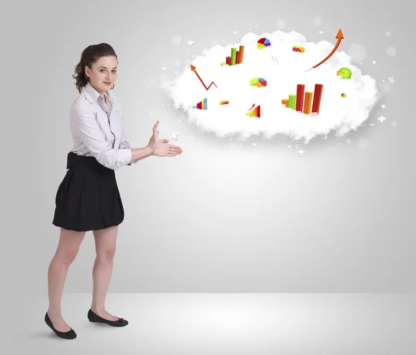 Young woman presenting cloud with graphs and charts — Stock Photo, Image