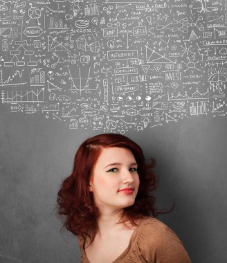 genç kadın başının üstünde kabataslak çizelgeleri ile el hareketi