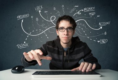 Beyaz çizgili düşünceleri olan genç bir hacker.