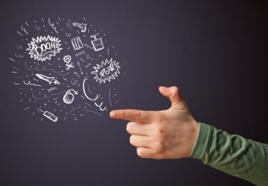 Silah şeklinde ellerden çıkan çizilmiş patlayıcılar.