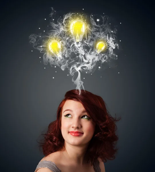 Thoughtful woman with smoke and lightbulbs above her head — Stock Photo, Image