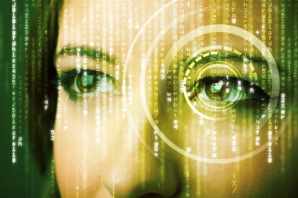 Moderne cyber vrouw met matrix oog — Stockfoto