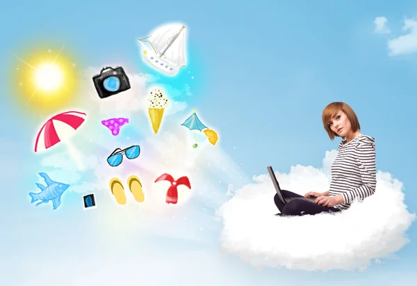 Young businessman sitting in cloud with laptop — Stock Photo, Image
