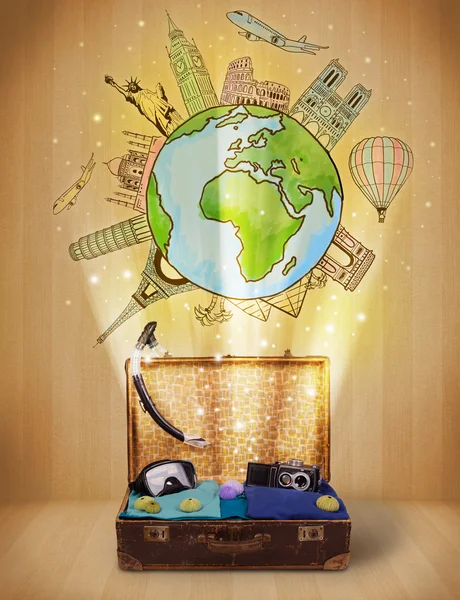 Reisegods med reise rundt i verden illustrasjonskonsept – stockfoto