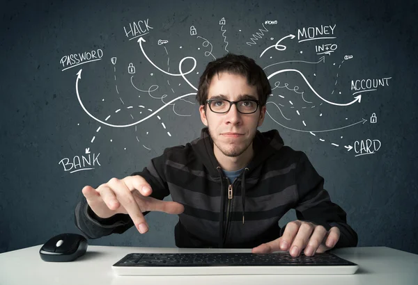 Young hacker with white drawn line thoughts — Stock Photo, Image