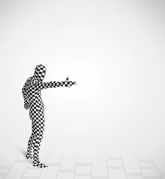 Funny guy in morphsuit body suit looking at copy space — Stock Photo, Image