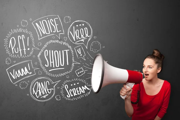 Girl yelling into megaphone and hand drawn speech bubbles come o — Stock Photo, Image