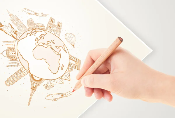 Hand drawing vacation trip around the earth with landmarks and c — Stock Photo, Image