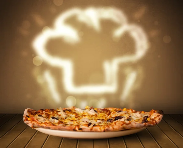 Delicious pizza with chef cook hat steam illustration — Stock Photo, Image