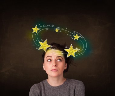 girl with yellow stars circleing around her head illustration clipart