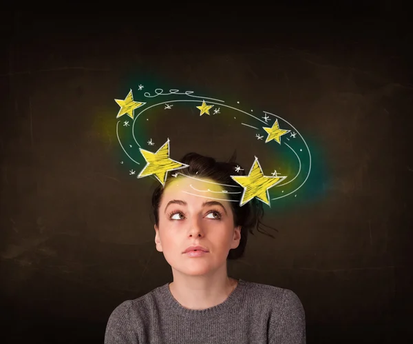 Girl with yellow stars circleing around her head illustration — Stock Photo, Image