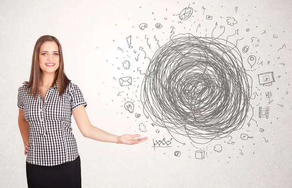 Young business woman with media doodle scribble — Stock Photo, Image
