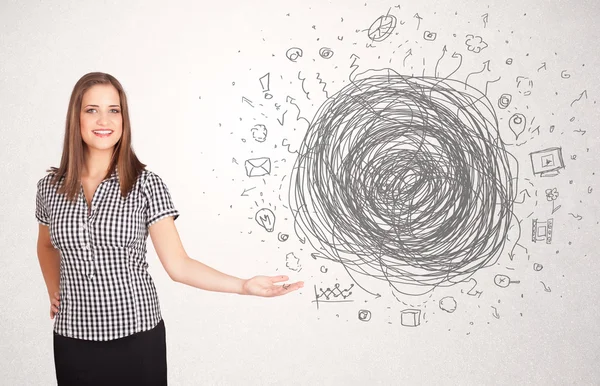 Jeune femme d'affaires avec des médias gribouiller doodle — Photo