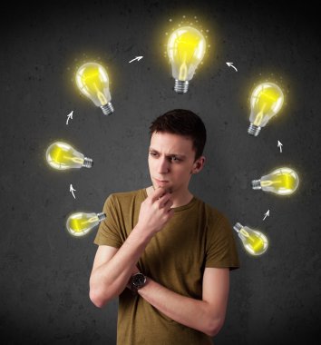 Young man thinking with lightbulb circulation around his head clipart