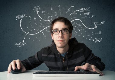 Beyaz çizgili düşünceleri olan genç bir hacker.