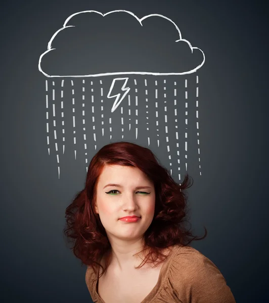 Young woman with thundercloud above her head — Stock Photo, Image