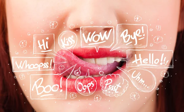 Beautiful red lips with white speech bubbles — Stock Photo, Image