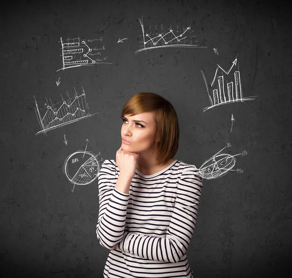 Young woman thinking with charts circulation around her head — Stock Photo, Image