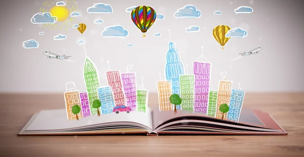 Stadtbild-Zeichnung auf geöffnetem Buch — Stockfoto