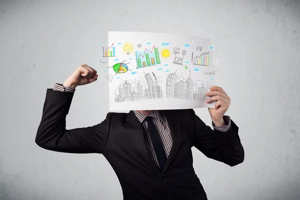 Businessman holding a paper with charts and cityscape in front o — Stock Photo, Image