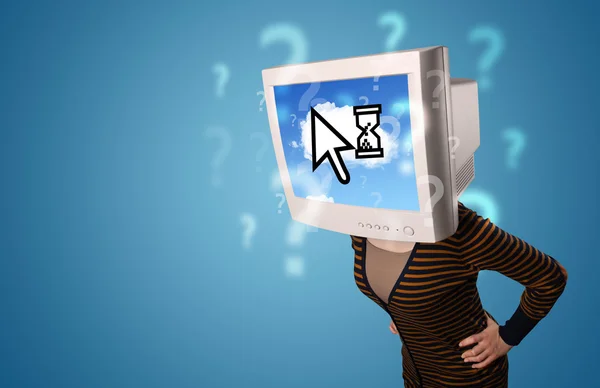 Person with a monitor head and cloud based technology on the scr — Stock Photo, Image