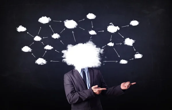 Business man with cloud network head — Stock Photo, Image