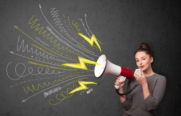 Cute girl shouting into megaphone with hand drawn lines and arro — Stock Photo, Image