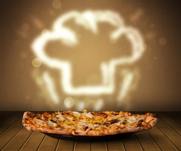 Deliciosa pizza con chef cocinero sombrero de vapor ilustración —  Fotos de Stock