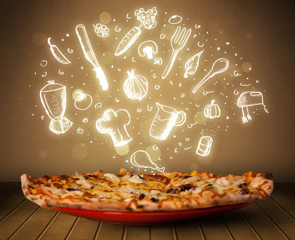 Pizza ile beyaz Restoran simgeler ve semboller — Stok fotoğraf